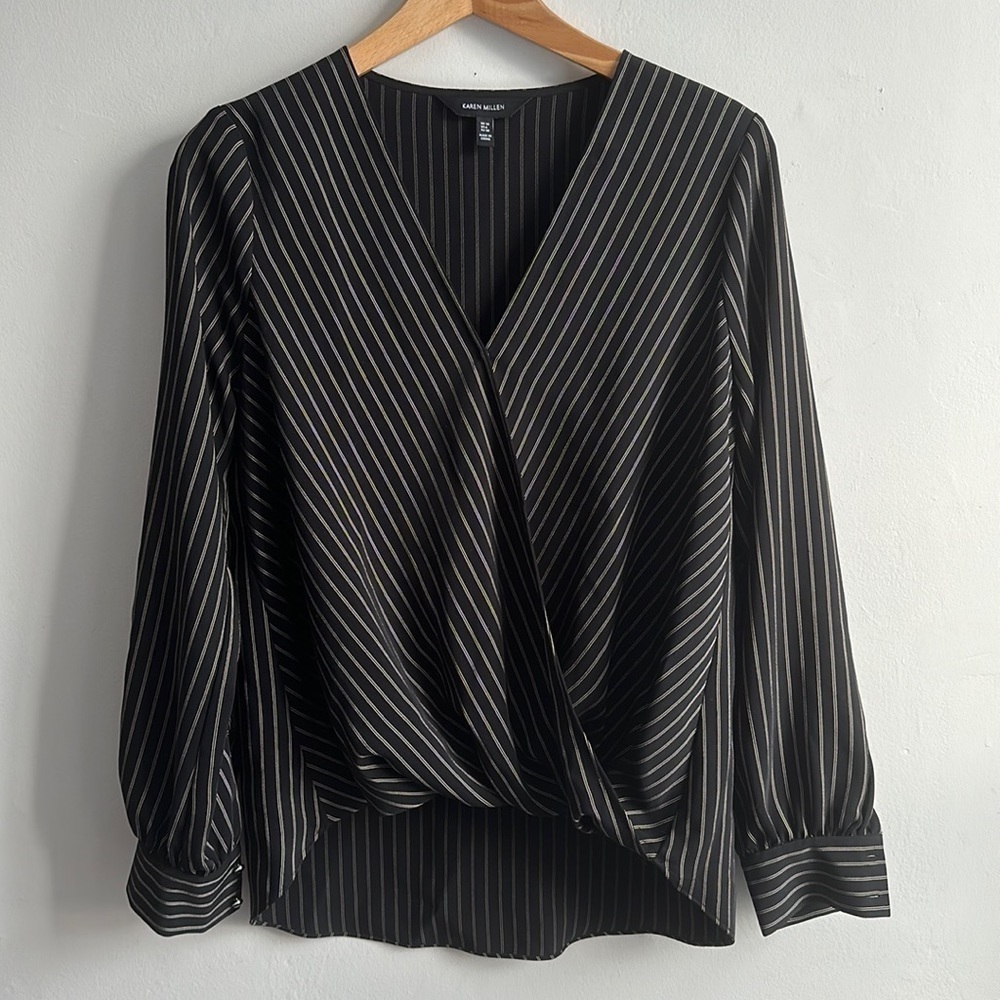 Karen Millen draped black pinstripe v neck blouse women’s Small (uk10)